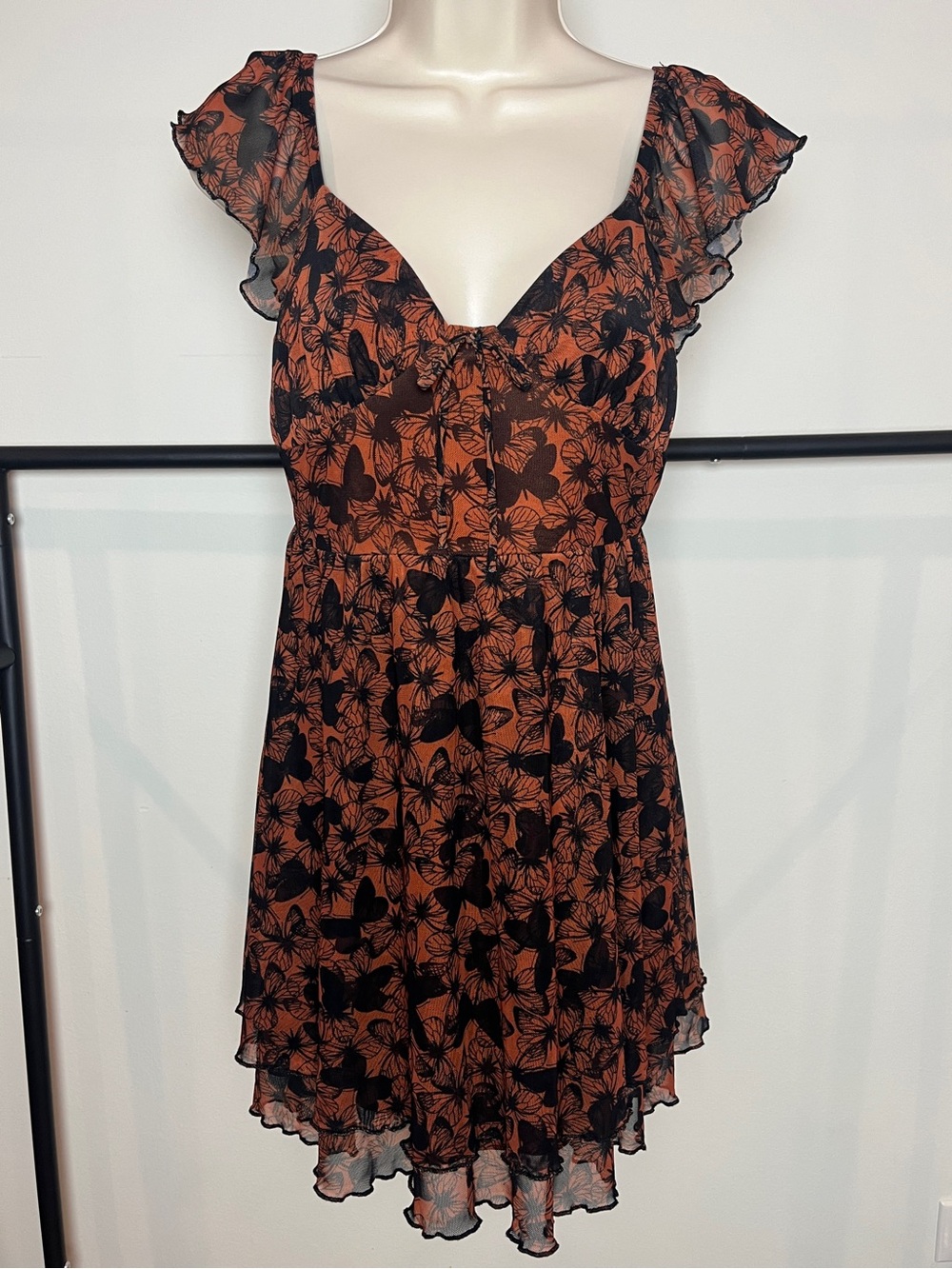 Y2K Butterfly Floral Babydoll Dress Fairy Flutter Sleeve Whimsigoth Small Mini